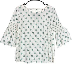 Loft Women Blouse White Green Monstera Leaf Flared Half Sleeve Semi Sheer XSmall